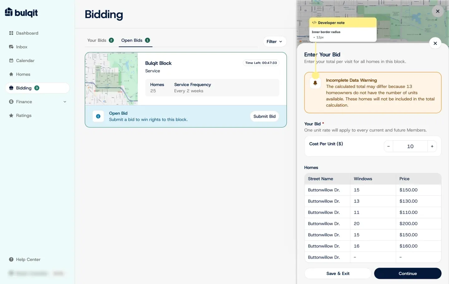 The Bidding screen in the Figma design file: an open bid for a 25-home block, with a panel for entering a cost per unit and a table of homes and prices.