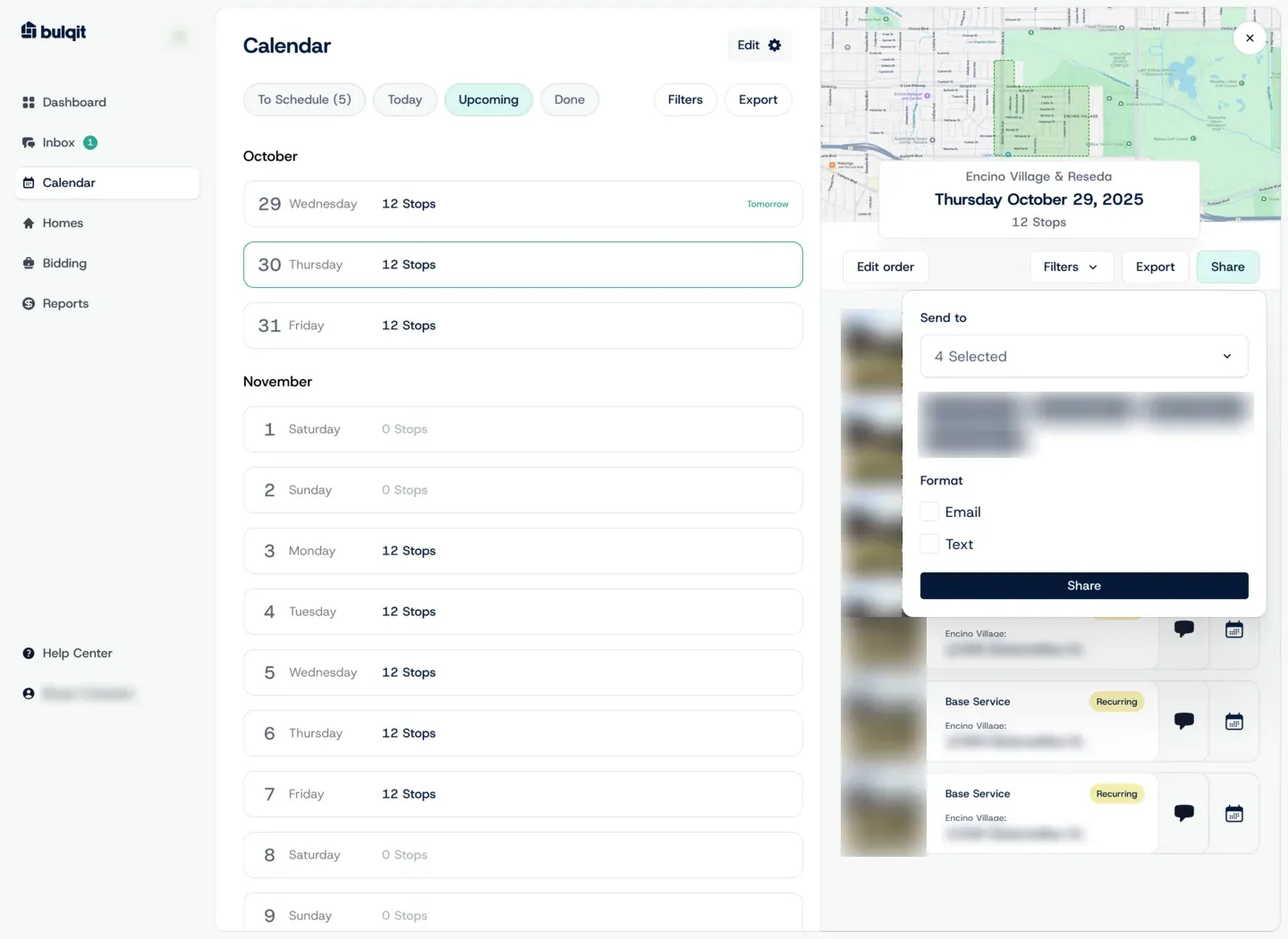 An example layout from the Figma design system: the vendor Calendar’s Upcoming tab, listing days with their number of stops, beside a route map and a Share popover. Names, house photos, addresses and a vendor logo are blurred.