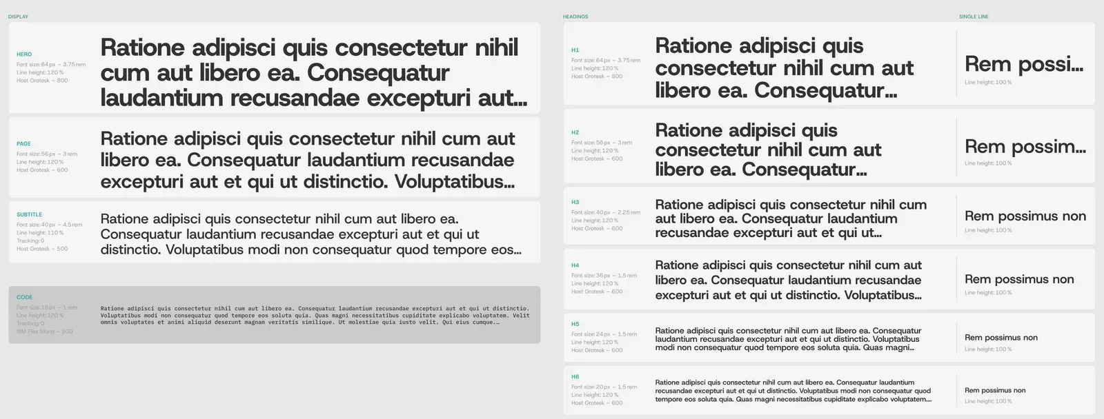 The Typography page of the Figma design system: Hero, Page and Subtitle display styles and H1 to H6 headings, each set in Host Grotesk with its font size, line height and weight.