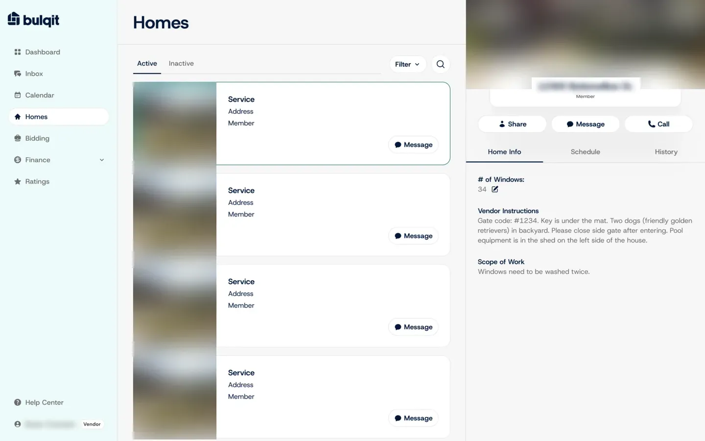 The vendor Homes screen in the Figma design file: a list of active homes with Message buttons, and a detail panel with Share, Message and Call, the number of windows, vendor instructions and scope of work.
