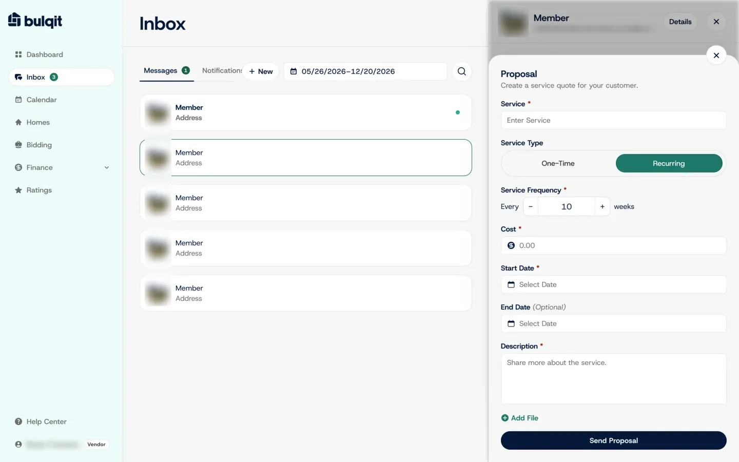 The vendor Inbox in the Figma design file: a list of member conversations, with a Proposal panel open for entering the service, one-time or recurring type, frequency, cost, start and end dates and a description.