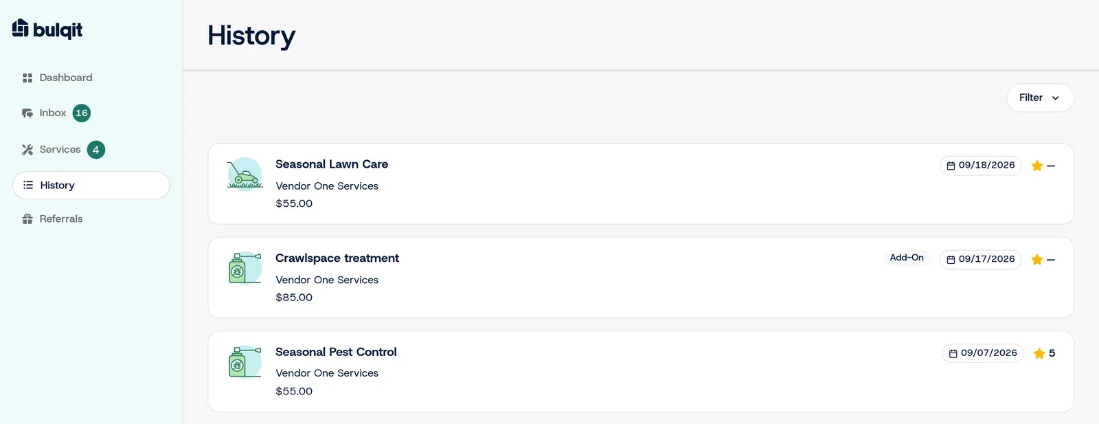 A member's service History with three completed jobs, each showing the vendor, the price charged and the visit date.
