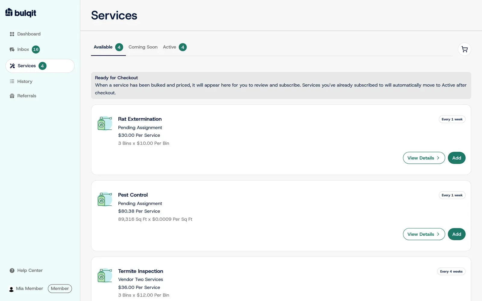 The member Services page: available services for the homeowner’s block, each with its price, frequency and an Add button.