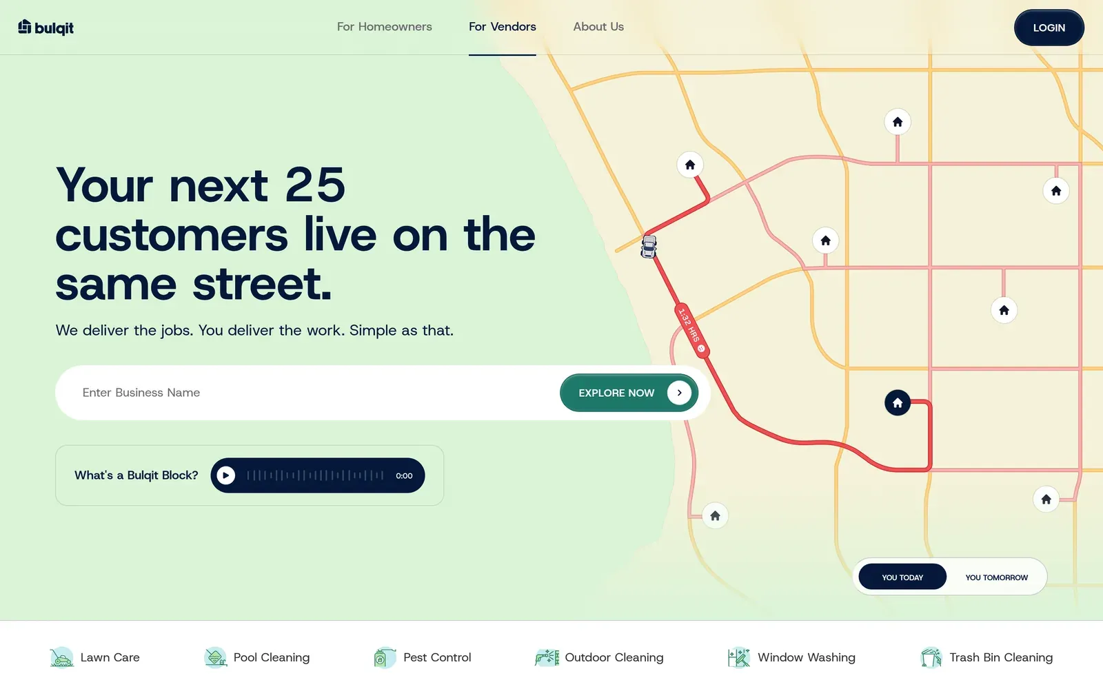 Bulqit's vendor landing page, headed "Your next 25 customers live on the same street.", beside an illustrated route map connecting nearby homes.