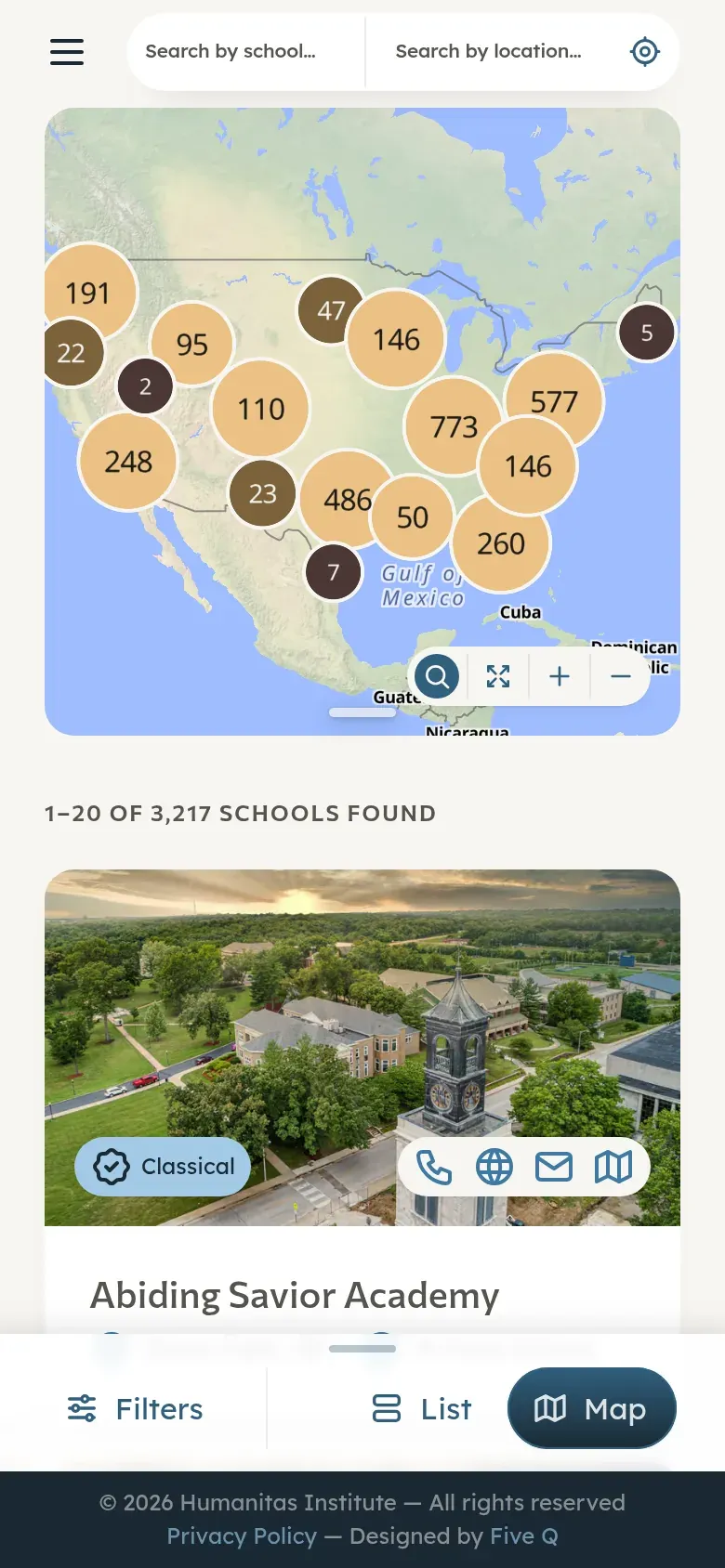 The school finder on a phone: a map of North America with clustered school counts, above the list of results.