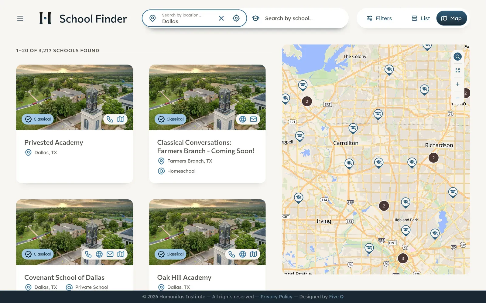 The Humanitas Institute School Finder on desktop: “1–20 of 3,217 schools found” for Dallas, school cards on the left and a map of nearby schools on the right.