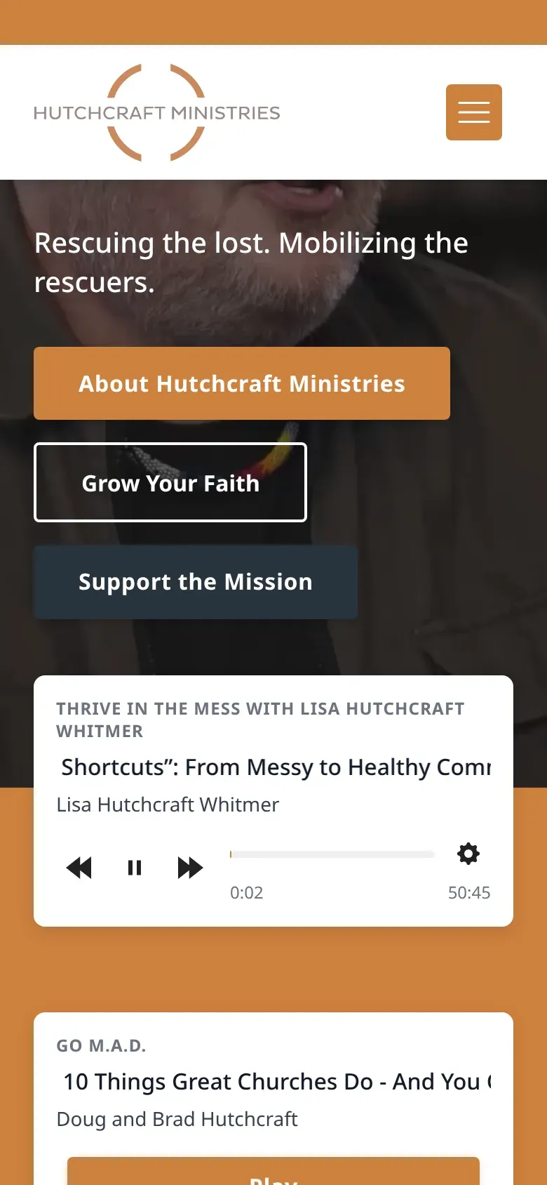 An audio player card on hutchcraft.com on a phone, playing an episode with rewind, pause, fast-forward and a progress bar.