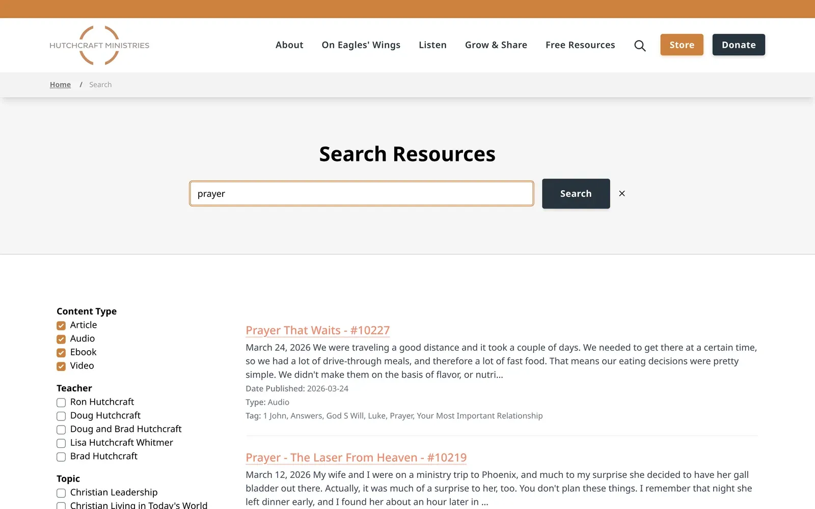 Search results for “prayer” on hutchcraft.com, with Content Type, Teacher and Topic filters and audio results showing date, type and tags.
