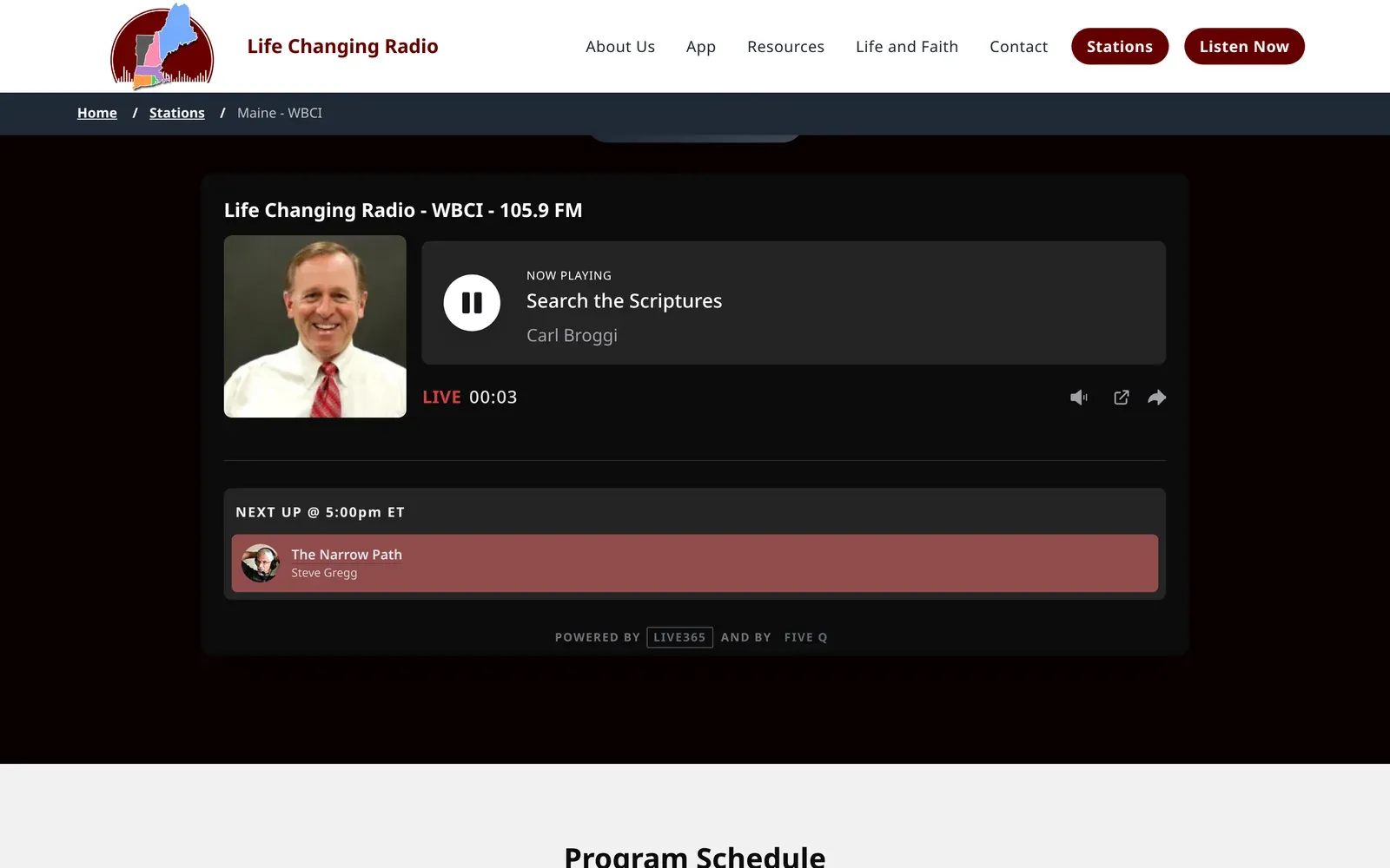 The Listen Live player for Life Changing Radio WBCI 105.9 FM, showing the programme now playing, a LIVE timer and the next programme up.