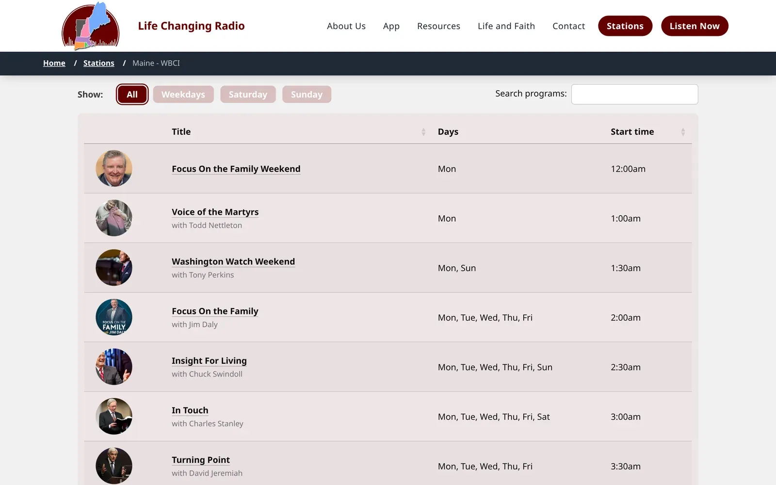 The Program Schedule for station WBCI: filter buttons for All, Weekdays, Saturday and Sunday, a program search box, and a table of programmes with hosts, days and start times.