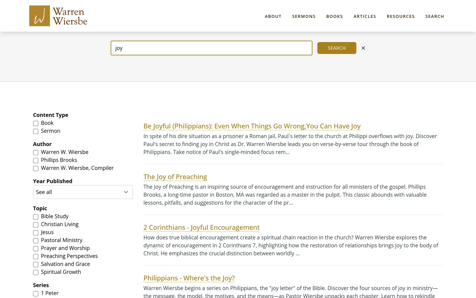 Search results for "joy" on wiersbe.com, with Content Type, Author, Year Published, Topic and Series filters beside a list of books and sermons.